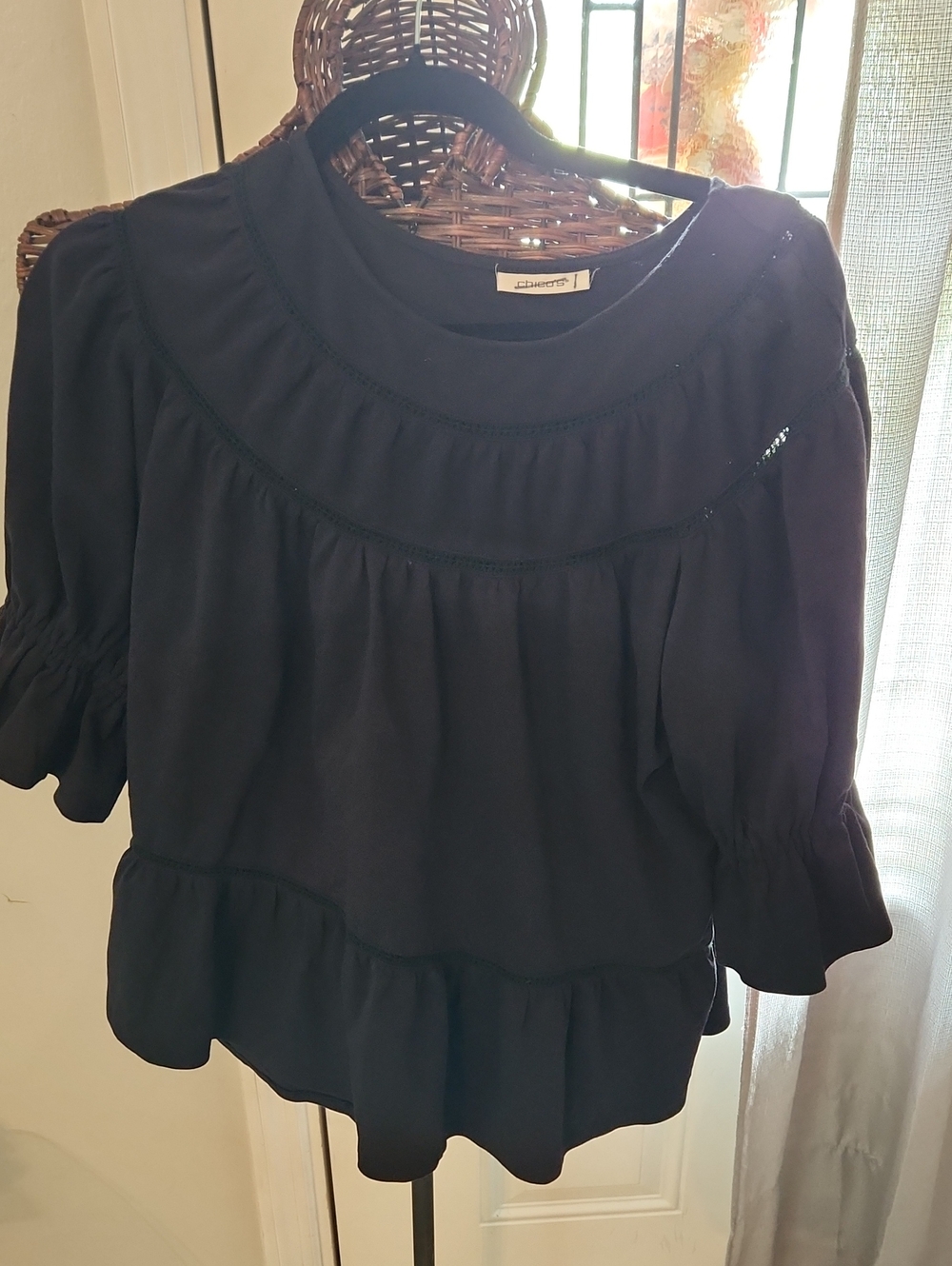 Chico's Navy Ruffle-Trim Peplum Blouse